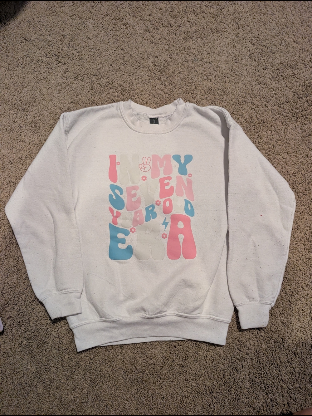 White Graphic Crewneck Sweater with Pink & Blue Print